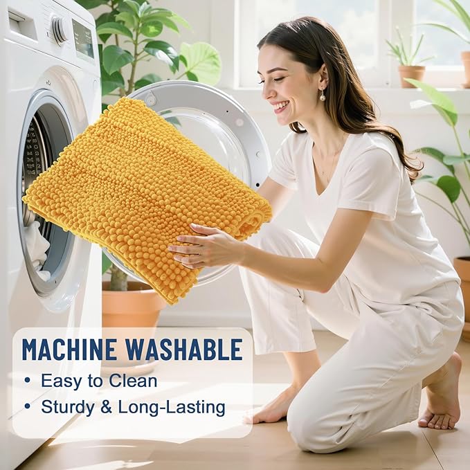 Grandaily Chenille Striped Bathroom Rugs 24x16, Extra Thick and Soft Absorbent Bath Mats, Rubber Backing, Plush Shaggy Shower Carpet, Machine Wash Dry, Bath Rug for Bathroom, Golden Yellow