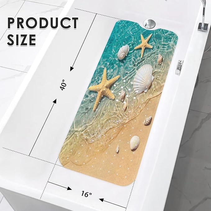 Starfish Seashell Summer Bath Mat Non Slip, Beach Ocean 40 X 16 Inch Extra Long Bathtub Shower Mat for Tub Anti Slip with Suction Cups and Drain Holes for Kids Adults Elderly