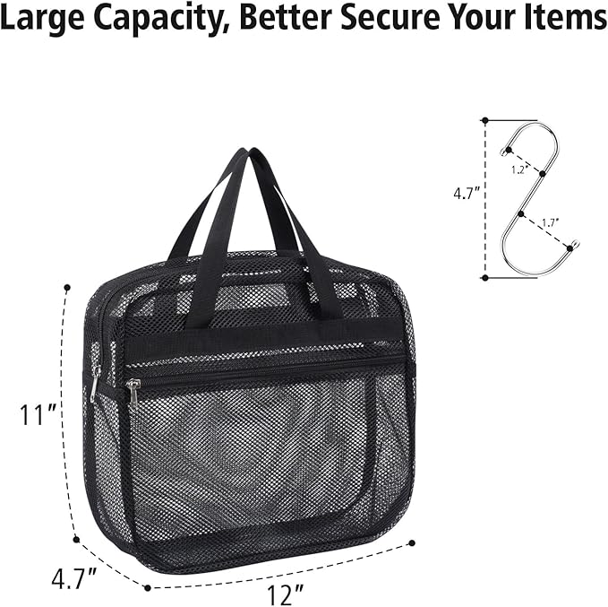 F-color Mesh Shower Caddy Portable with Zipper -Dorm Room Essentials for Guys Girls with S Hook, Shower Bag Basket Tote for College Camping Toiletry Bathroom, Black