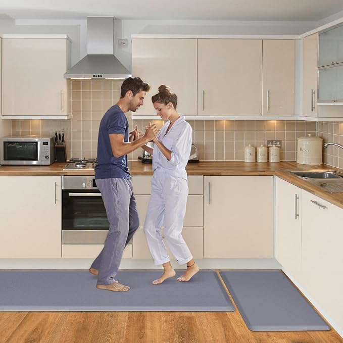 HappyTrends Kitchen Mat,17.3"x28"+17.3"x60" Grey, Cushioned Comfort Anti-Fatigue Waterproof Floor Mat Kitchen Rugs, Thick Perfect Ergonomic Foam Standing mat for Kitchen, Home, Office, Laundry