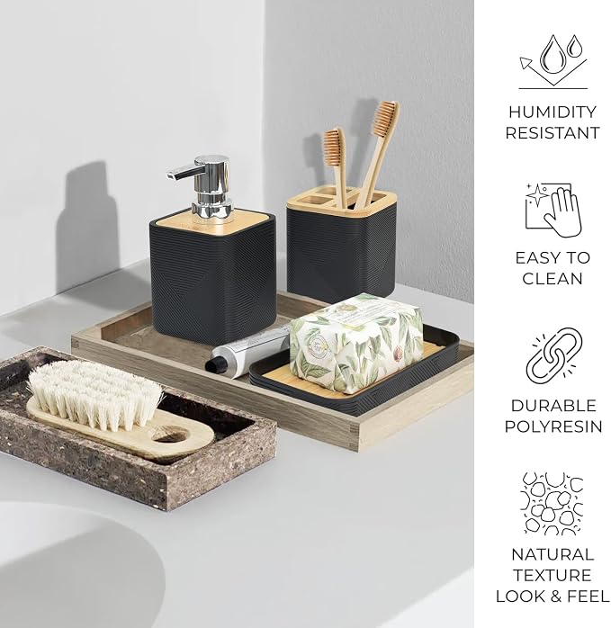 CERBIOR Bathroom Accessories Set 6 Piece Bamboo Bath Ensemble Includes Soap Dispenser, Toothbrush Holder, Toothbrush Cup, Soap Dish for Decorative Countertop and Housewarming Gift (Black)