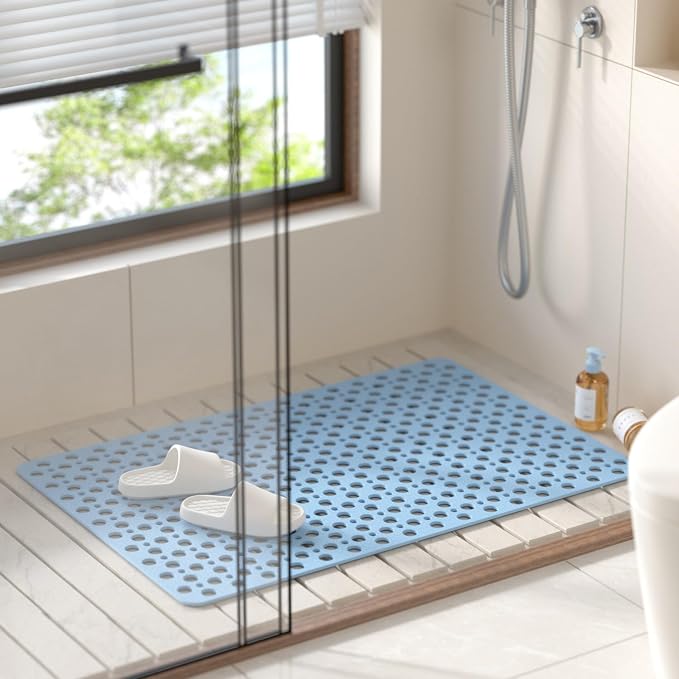 HITSLAM Bathtub Mat Non Slip, 35 x 24 Inch Long TPE Bath Mat for Tub, Efficient Drainage Bathroom Shower Mat with Suction Cups, Bath Tub Mat, Soft on Feet and Easy to Clean, Blue