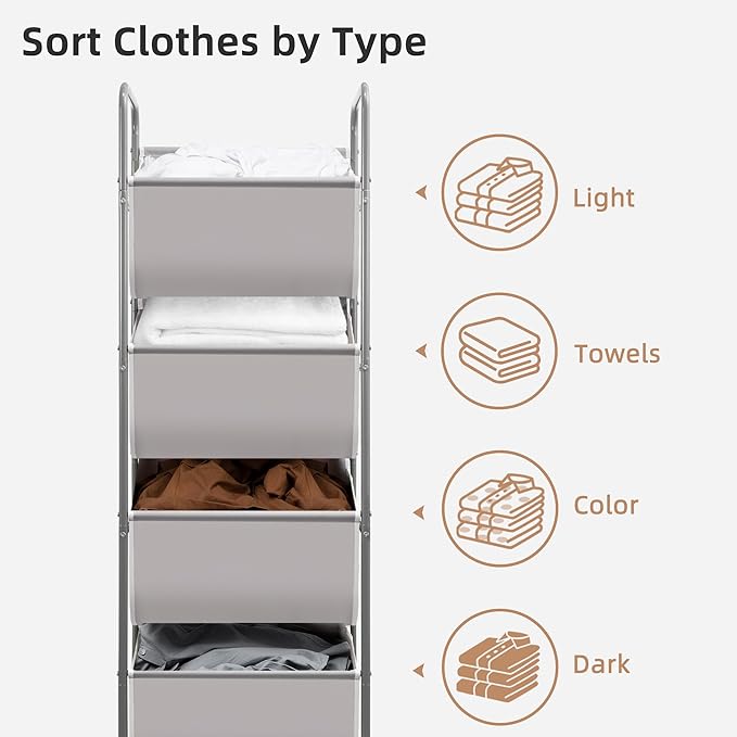 STORAGE MANIAC Vertical Rolling Laundry Hamper, 4 Section Laundry Sorter with Wheels and 2 Breaks, 4-tier Laundry Baskets for Small Space, Dorm, Laundry Room, Closet, Bathroom, Gray 4-tier