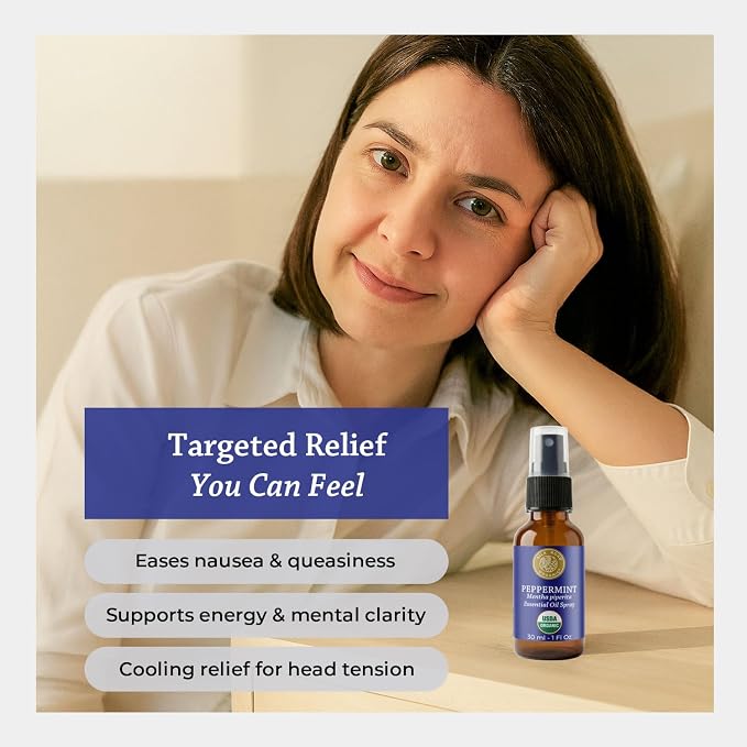 Silk Road Organic Peppermint Essential Oil Spray for Head Tension, Nausea, Morning Sickness, Energy & Focus - 1 oz. USDA Certified Body Spray - Always Pure, Always Organic