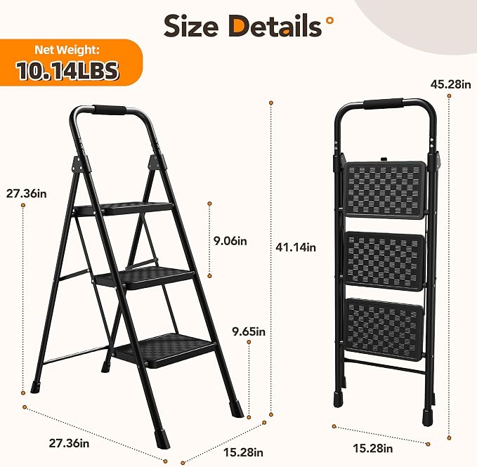 HBTower 3 Step Ladder, Heavy Duty Step Stools for Adults, Safe-Lock Design & Handrail, Step Stool Foldable with Anti-Slip Pedal and Feet, Ladders for Home Kitchen Garage Outdoor, 330 Lbs, Black