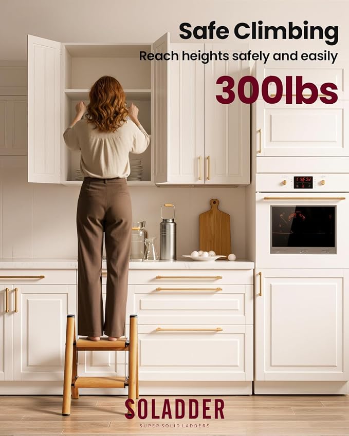 SOLADDER 2 Step Ladder, Folding Step Stool with Anti-Slip Wide Sturdy Pedal, Multi-Use for Home and Kitchen Use, Space Saving-Woodgrain(300lbs Capacity)