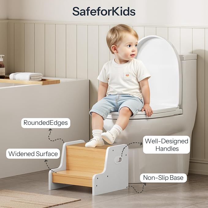 HOOBRO Step Stool for Kids, Two Step Toddler's Stool, Kids Potty Training Stool with Handles, Non-Slip Pads for Safety, Easy to Move, for Sink, Bathroom, Bedroom, Natural and White WN01JD01G3