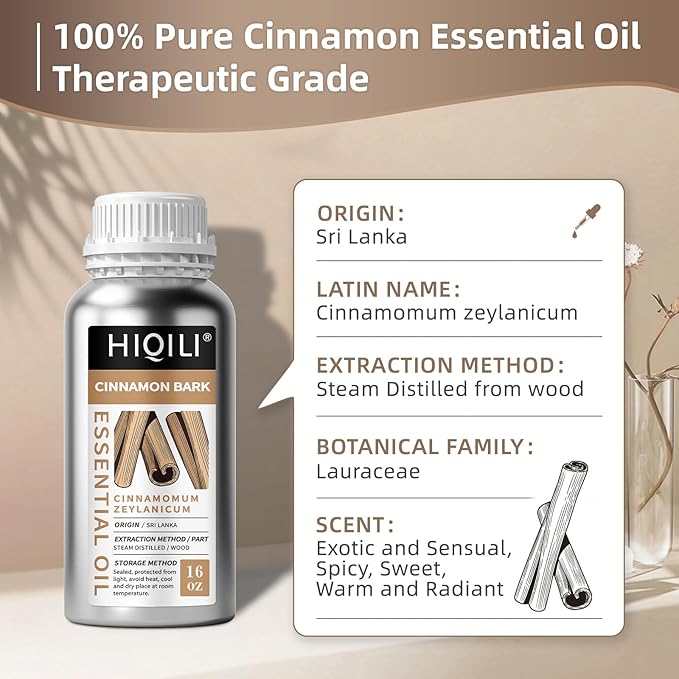 HIQILI Cinnamon Essential Oil for Candle, Spary & Diffuser - 100% Pure Natural - Indoor and Outdoor