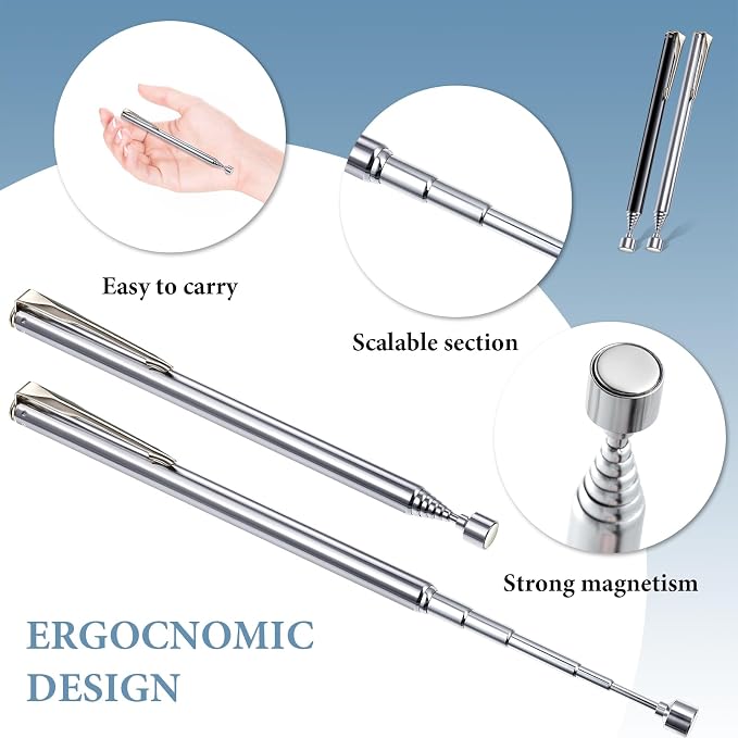 Patelai 2 Pieces Telescoping Magnetic Pick up Tool Grabbers Reacher Tools with Pocket Clip 25 Inch Telescopic Retrieving Magnet Gift for Man, Father, Mechanic, Handyman, Husband (Silver,Black)