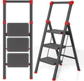 Foldable Step Ladder Stool for Home,3 Step Stool with Wide Anti-Slip Pedal, Heavy Duty 600Lbs Ladder for Indoor Kitchen Closet Stair Use, Black Red