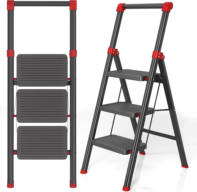Foldable Step Ladder Stool for Home,3 Step Stool with Wide Anti-Slip Pedal, Heavy Duty 600Lbs Ladder for Indoor Kitchen Closet Stair Use, Black Red