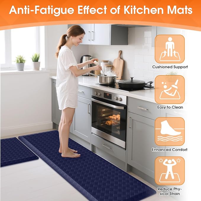 TranquilRelax 4/5 Inch Thick Anti-Fatigue Kitchen Mats 2Pcs, Cushioned Non-Slip Waterproof Sink & Stove Floor Mats, Comfortable Standing Rug Set for Kitchen, Laundry & Entryway, Blue