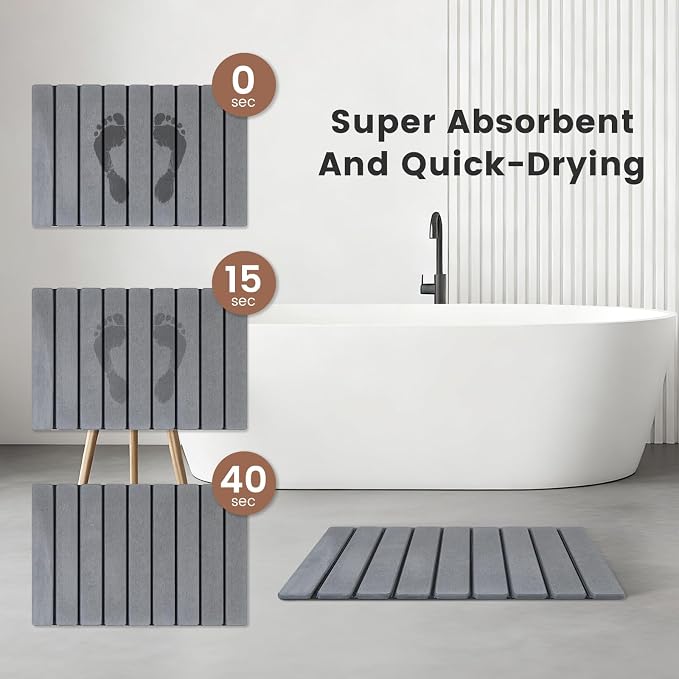 Super Anti-Slip Strong Absorbent Diatomite Pad, Stone Bath Mat 23.6 x 15.5 inches Quick-Dry Pad, Foldable and Easy to Store Bathroom Stone Bath Mat, Suitable for Bathroom, Easy to Clean (Gray)