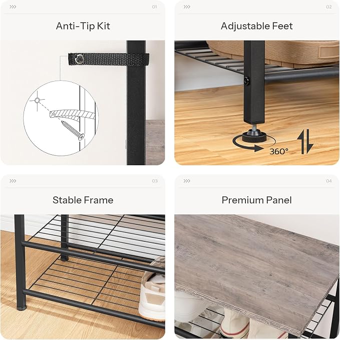 HOOBRO Hall Tree, Coat Rack with Shoe Rack, 39.4" Hall Tree with Bench, 5 Tier Shoe Storage Organizer with 9 Hooks for Entryway, Closet, Sturdy, Industrial, Greige and Black BG801MT01