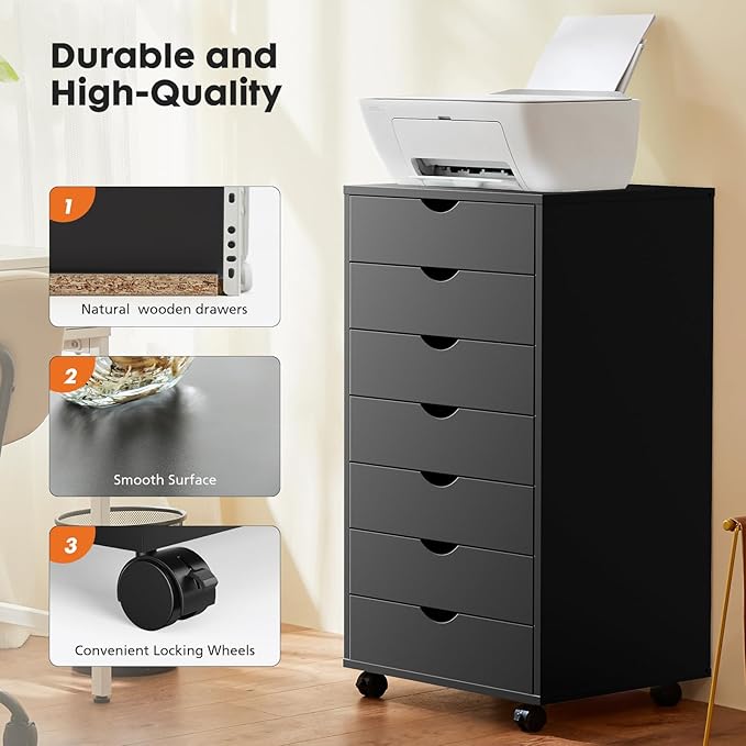 OLIXIS 7 Drawer Mobile File Cabinet Under Desk Storage Organization with Wheels Vertical Filing Chest Rolling Wood Small Desk Printer Stand for Home Office, 15.75"D x 18.74"W x 34.25"H, Black
