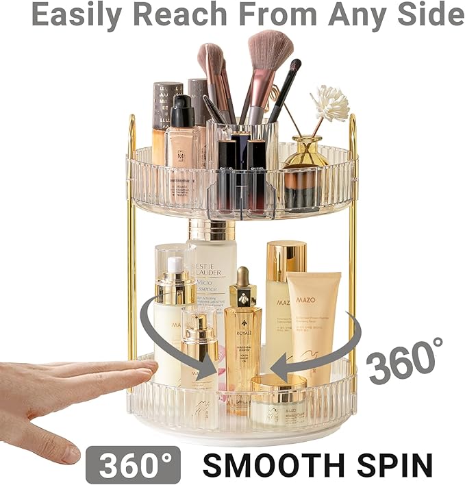 Asayuee 360 Rotating Makeup Organizer,2 Tier Large Capacity Make Up Organizers and Storage,Skincare Perfume Vanity Organizers,Bathroom Cosmetics Storage Organizer Countertop(Clear)
