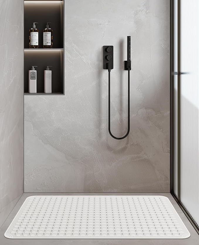 Yolife Extra Large TPE Shower Mat, 47.2" L x 31.5" W Anti Slip Bath Mat with Drain Holes and Suction Cups, Large Size Mat More Suitable for Shower Stall, No Odor, Heavy Mat (White, 47.2" x 31.5")