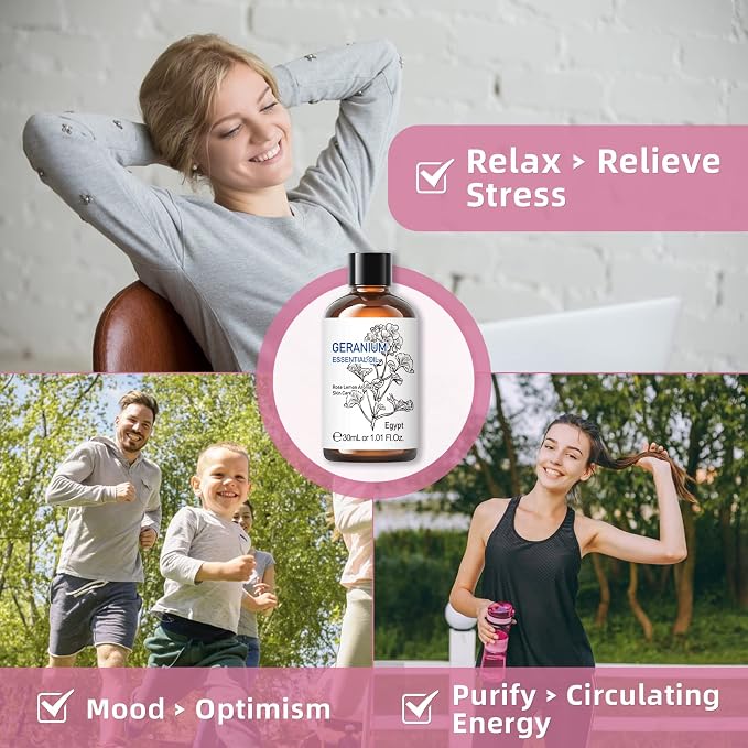HIQILI 30ML Geranium Essential Oil， for Skin, Diffuser & Candle, 100% Pure and Natural - 1.01 Fl.Oz