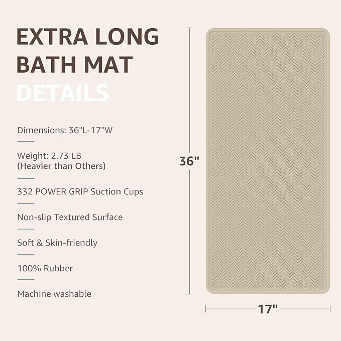 OTHWAY Bathtub Mat Non Slip, Extra Long Rubber Bath Mat for Tub, Machine Washable Shower Anti Slip Mat with 332 Strong Suction Cups (Brown, 36" x 17")