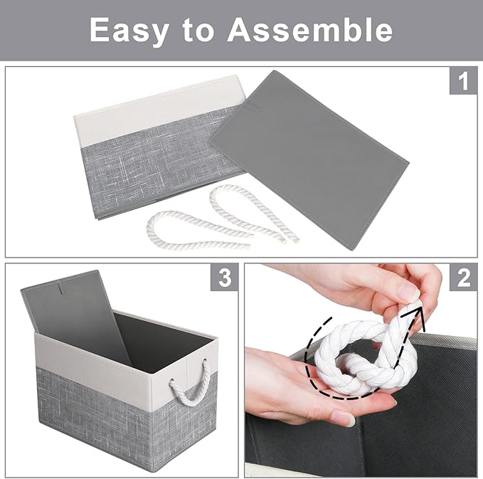 Fab totes Storage Bins 8-Pack, Foldable Storage Baskets for Organizing Toys, Books, Shelves, Closet, Large Storage Box with Rope Handles, Sturdy Organizer Bins, White & Grey