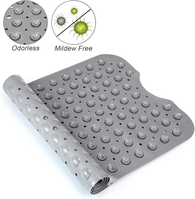 YINENN Bath and Shower Safety Mats 40x16 inch, Non Slip with Suction Cups for Bathroom Stall and Tub Floor, Extra Large and Machine Washable, Drain Holes Keep Bathtub Clean, Grey