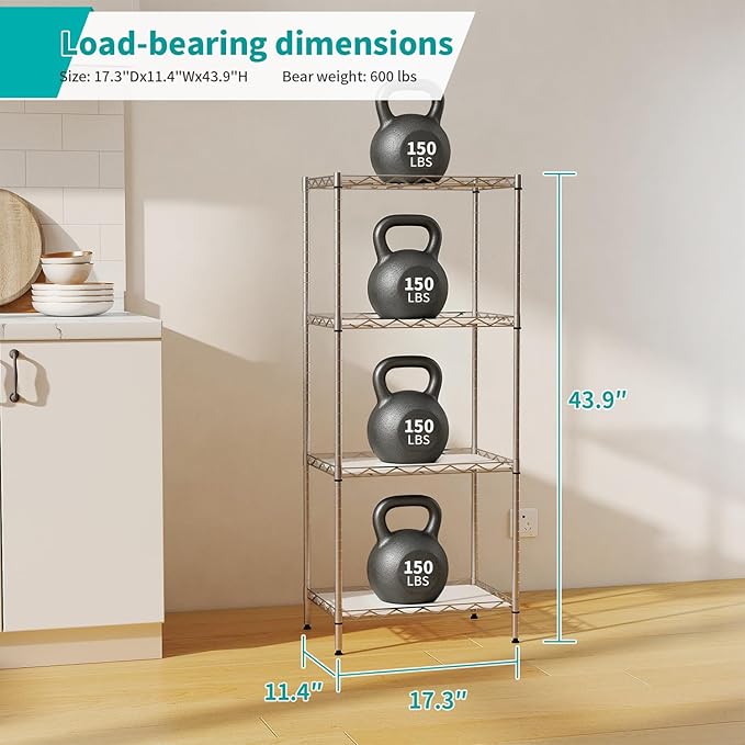 BestOffice | 4-Tier Wire Storage Shelves | 12"D x 18"W x 44"H | Chrome | with Adjustable Racks PP Liners | Compact Metal Shelf, Holds Upto 600 lbs | Ideal for Kitchens Closets Bathrooms Small Corners