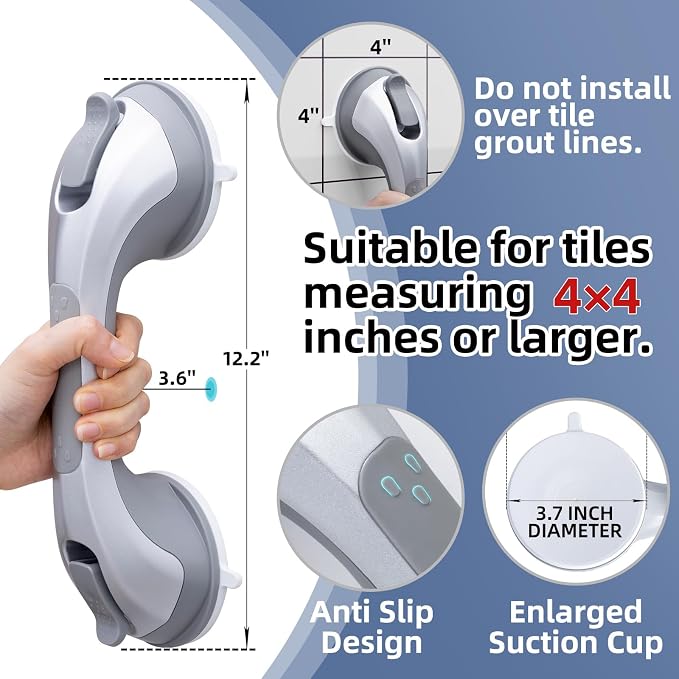 Grab Bars for Shower, Suction Cup 12 inch, 2 Pack Grab Bars for Bathtubs, Bathroom Safety Grip Shower Handle for Elderly and Seniors, Bath Handrails Removable Waterproof No Drilling Silver