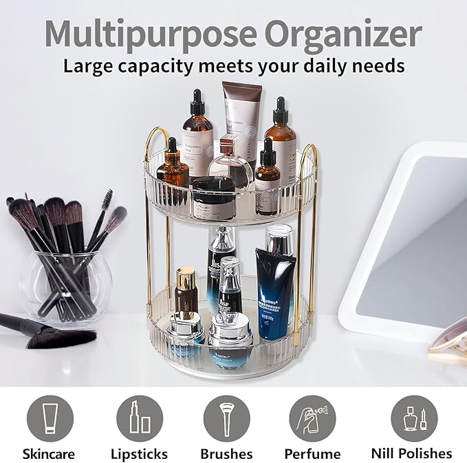Asayuee 360 Rotating Makeup Organizer,2 Tier Large Capacity Make Up Organizers and Storage,Skincare Perfume Vanity Organizers,Bathroom Cosmetics Storage Organizer Countertop(Clear-2 Tier)