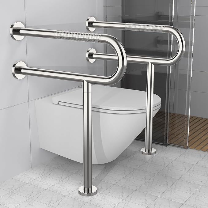 Toilet Support Rail 24X 28 Inch, Munzong Anti-Slip Chrome Handicap Grab Bar for Bathroom, Stainless Steel Knurled Safety handrails with Leg for Elderly Disabled Pregnant-1.25’Tube