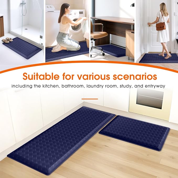 TranquilRelax 4/5 Inch Thick Anti-Fatigue Kitchen Mats 2Pcs, Cushioned Non-Slip Waterproof Sink & Stove Floor Mats, Comfortable Standing Rug Set for Kitchen, Laundry & Entryway, Blue
