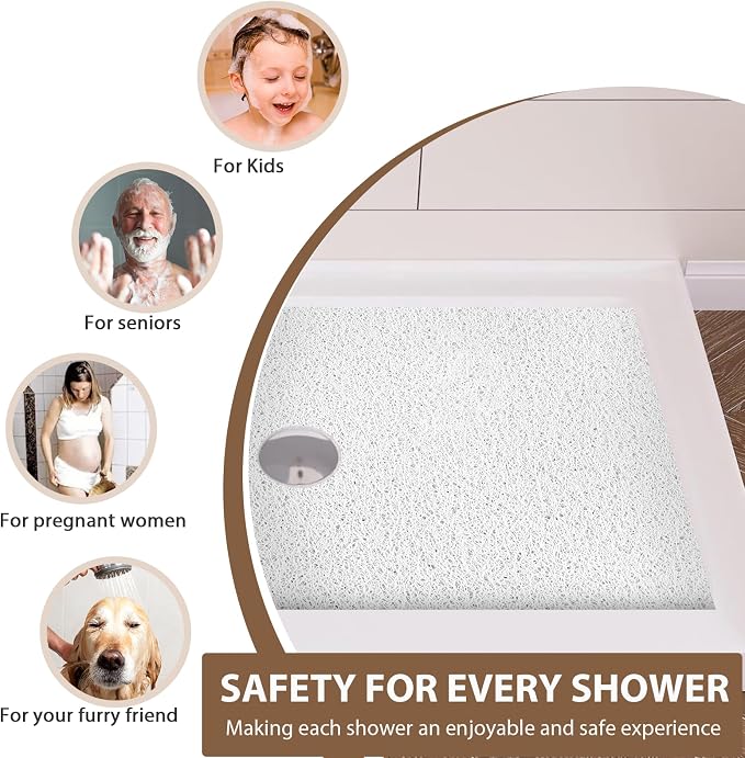 Extra Large Non Slip Shower Mat: 59x35.4 inch Loofah Shower Mat for Inside Shower with Drain Hole in Middle, Soft PVC Anti-Slip Shower Stall Mats for Bathroom,Wet Area, Quick Drying