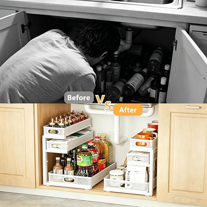 2 Pack Under Sink Organizer, 3-Tier Pull Out Kitchen Cabinet Organizer, Height Adjustable Metal Slide Out Bathroom Storage Makeup Drawer Rack for Bedroom Office Laundry Pantry Home Organization, White