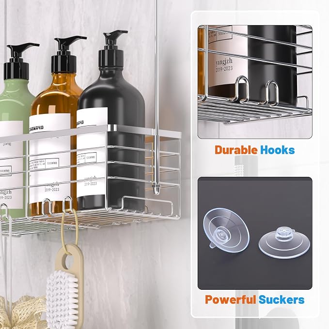YUOROS Shower Caddy Hanging, Over the Door Shower Organizer Rack 304 Stainless Steel Rustproof Bathroom Storage Shampoo Holder Basket (Silver)
