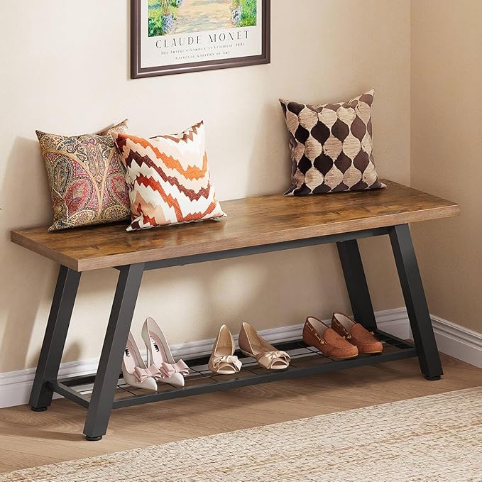 Oastreeful Storage Bench Industrial Rustic Wooden and Metal Entryway Shoe Boots Storage Rack Long Bench Seat for Hallway Bedroom Retro Brown Farmhouse Style