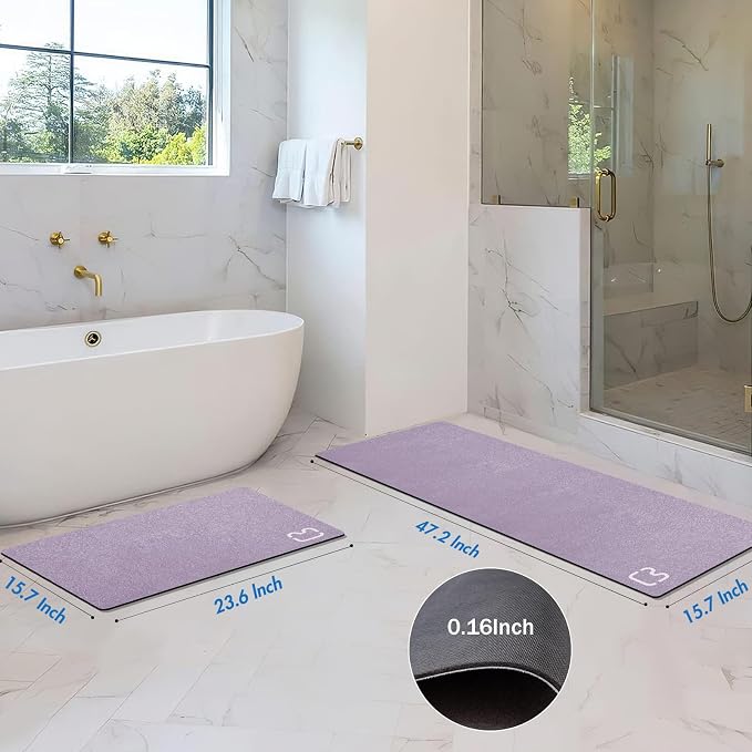 2 Piece Bathroom Rugs Mat Set - Quick Dry Diatomaceous Earth Bath Mat for Bathroom Non-Slip Bath Rug with Rubber Backing, Absorbent Bath Mat Thin Bath Floor Mat, 15.7x23.6+15.7x47.2 Inch, Lavender