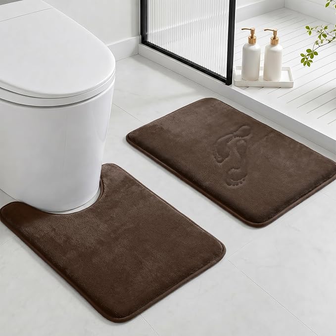 HUXMEYSON Bathroom Rugs Sets 2 Piece, Non-Slip & Quick Dry Bath Mat Set, Ultra Soft Velvet Bath Rugs for Bathroom, Toilet and Shower Floor, Brown
