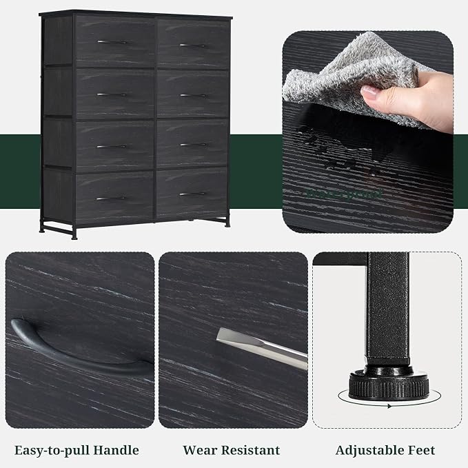 8-Drawer Dresser for Bedroom, Anti-Tip Tall Storage Organizer Chest of Drawers with Wooden Top and Metal Frame Fabric Bins for Closet, Living Room, Hallway, Entryway, Charcoal Black