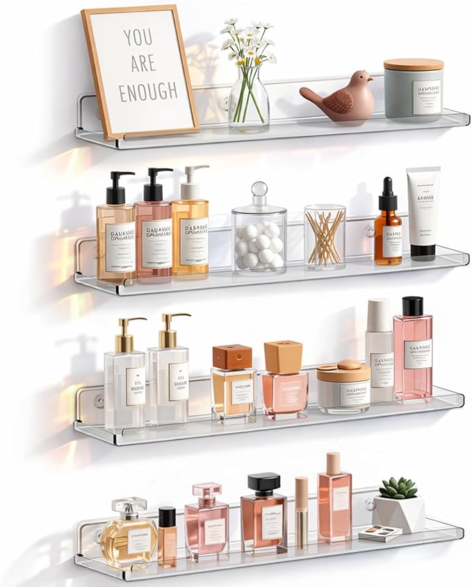 Lifewit Floating Shelves for Bathroom, Acrylic Display Shelf Wall Mounted for Makeup, Skincare, Nail Polish, Book, 14" Perfume Organizer for Bedroom, Living Room, Nursery, Home Decor, Clear, 4 Pack