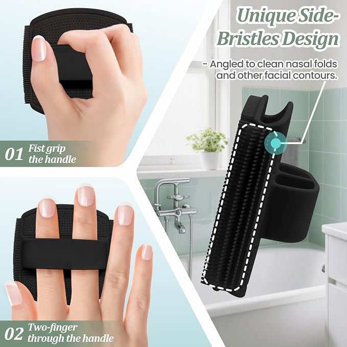 Silicone Back/Body/Face Scrubber & Lymphatic Contour Face Brush Set 4PCS, 13.4'' Soft Back Scrubber, 360° Anti-Slip Bath Glove, Unique Side-bristled Face Scrubber for All-Round Cleaning(Black)