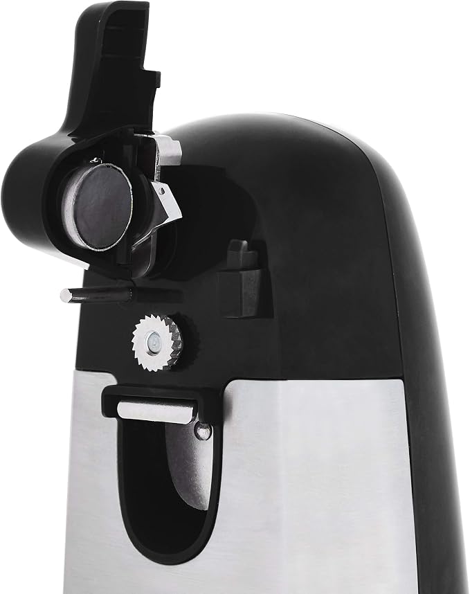 Amazon Basics 3-In-1 Electric Can Opener, Bottle Opener and Knife Sharpener with Stainless Steel Blade, Magnetic Lid Holder, Safe, Easy to Use, Powerful, Sleek Design, 50W, Black