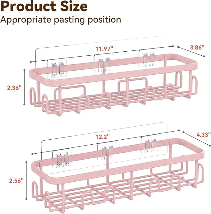 YASONIC Shower Caddy Adhesive, 100% Rustproof Shower Organizer, Large Capacity Shower Shelves for Inside Shower, No Drill Shower Storage for Home (2 Pack Pink)