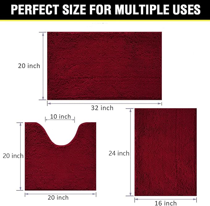 Bathroom Rugs Chenille 3-Piece Extra Soft and Absorbent Shag Bathroom Rugs, Machine Wash Mat, Strong PVC Non-Slip Underside, Plush Carpet Mats (Burgundy)