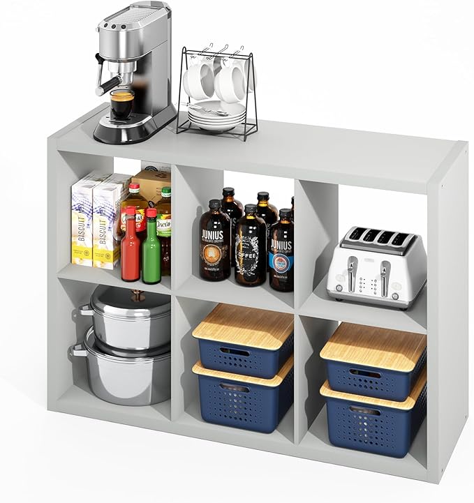 Furinno HERMITE Kitchen Island, 6-Cube Coffee Bar, Extra Thick Kitchen Storage, Bakers Rack, for Pantry Organizers and Storage, Kitchen Organization, Light Grey