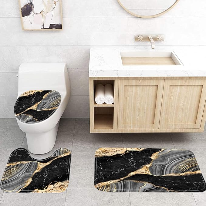Nkzply 4 Pcs Black Marble Shower Curtain Gold Bathroom Sets with Shower Curtain and Rugs Modern Abstract Grey Shower Curtain Set Bathroom Rug Set Bathroom Decor Accessories with Hooks Toilet Lid Cover