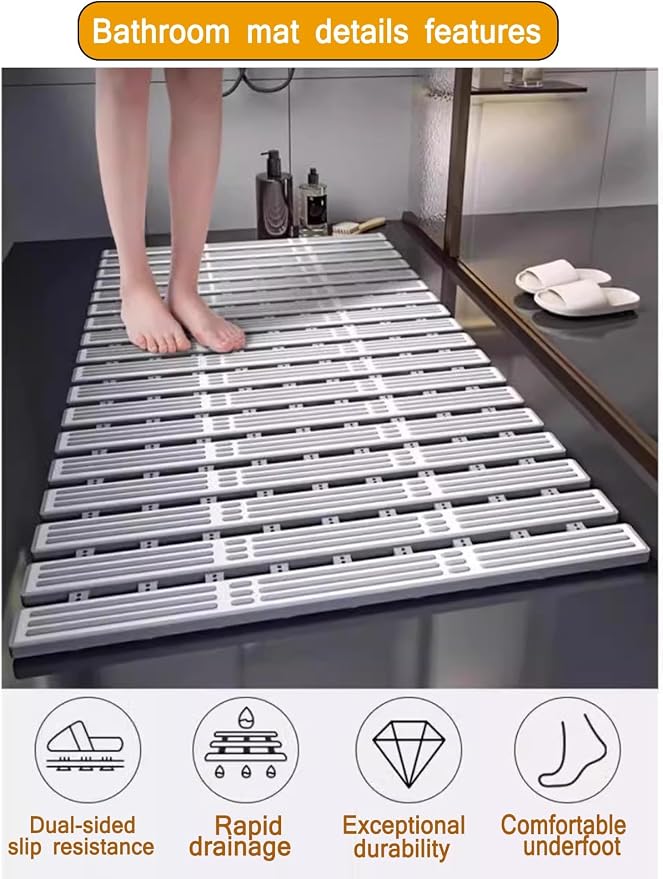 Bath Tub Shower Mat, 31 x 20 Inch, TPE Machine Washable Bathtub Floor Liner Bathroom Non-Slip Mats, Suction Cups and Drain Holes, Easy to Cut