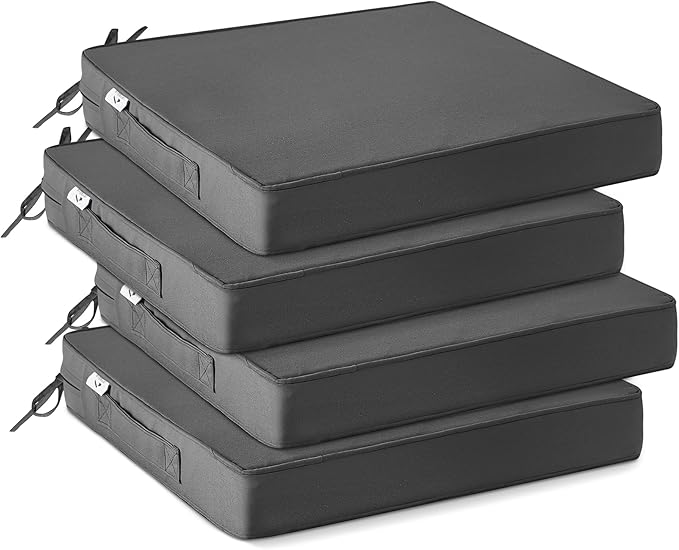 IPYNBAP Outdoor Chair Cushions Set of 4 -Waterproof Outdoor Seat Cushions for Patio Furniture, Patio Chair Cushion with Handle and Ties, Out Door Chair Pads,19x19x3-Square, Darkgrey