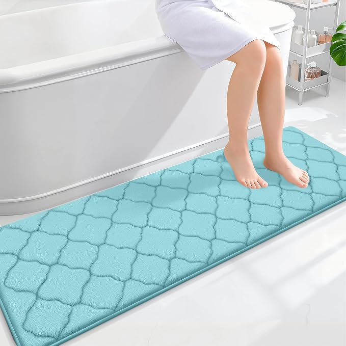 OLANLY Memory Foam Bath Mat Rug 59x20, Ultra Soft and Absorbent Bathroom Rugs, Non-Slip, Comfortable, Machine Washable Bath Carpet for Bathroom Floor, Tub, Shower and Home Decor Accessories, Sky Blue