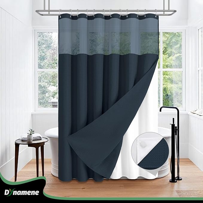 Dynamene Extra Long Shower Curtain, 84 Inch Long Waffle Fabric Shower Curtain for Bathroom, Tall Waterproof Cloth Shower Curtain Liner Set with Hook, Snap in Liner, Mesh Top Window, Navy Blue, 72x84