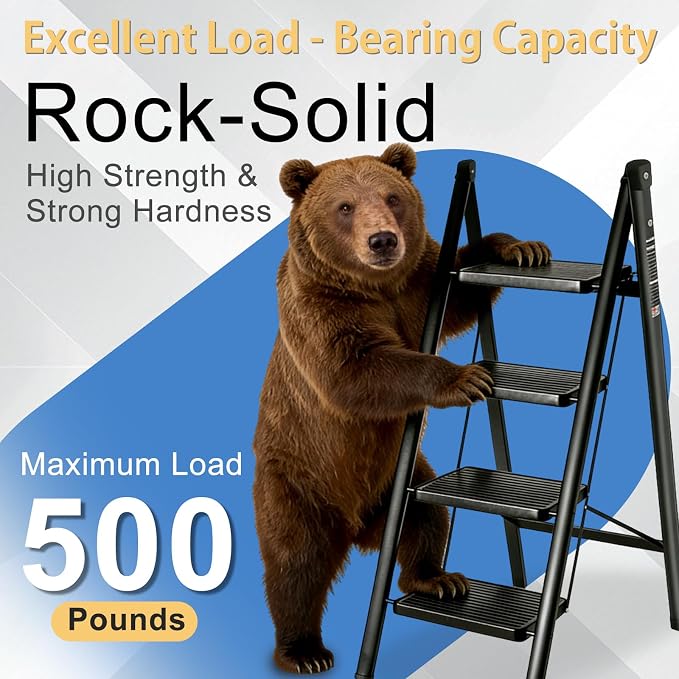 4 Step Ladder Folding Step Stool with 500LBS Capacity Sturdy Carbon Steel Frame Anti-Slip Thick Pedal & Feet Portable for Home Kitchen Garage (black-4step)