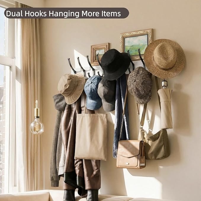 Optish 2 Pack Wooden Coat Rack Wall Mount, 16.1" Rustic Coat Hanger Hooks with 10 Double Hooks, Wall Coat Rack for Hat, Clothes, Bags, Jacket, Brown, White